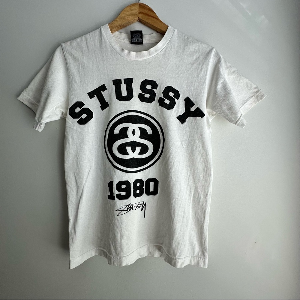 Vintage Stussy White and Black Cotton Short Sleeve Tee Stussy S-Logo Spellouts S